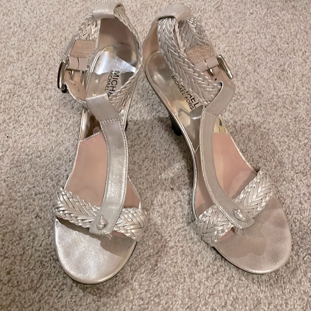 Michael Kors Silver Leather Heeled Sandals w/ Ankle Straps